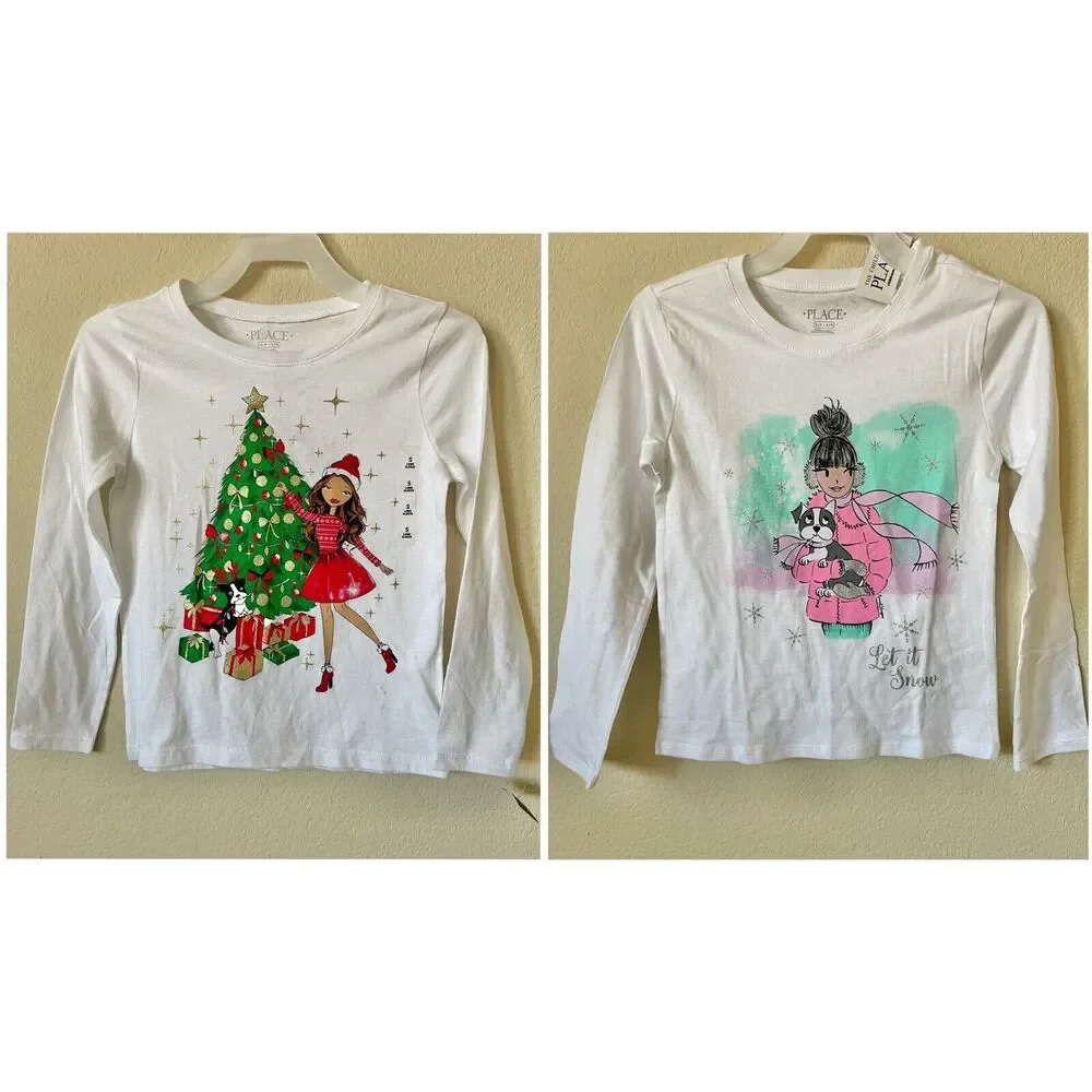 Lot Of 2 White Glitter Holiday Snowflakes Frenchie Long Sleeve Top Size S 5/6